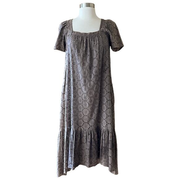 CLAUDE TULUM Taupe Eyelet Midi Dress Taupe Short Sleeves Square Neck Small NEW - Picture 10 of 12